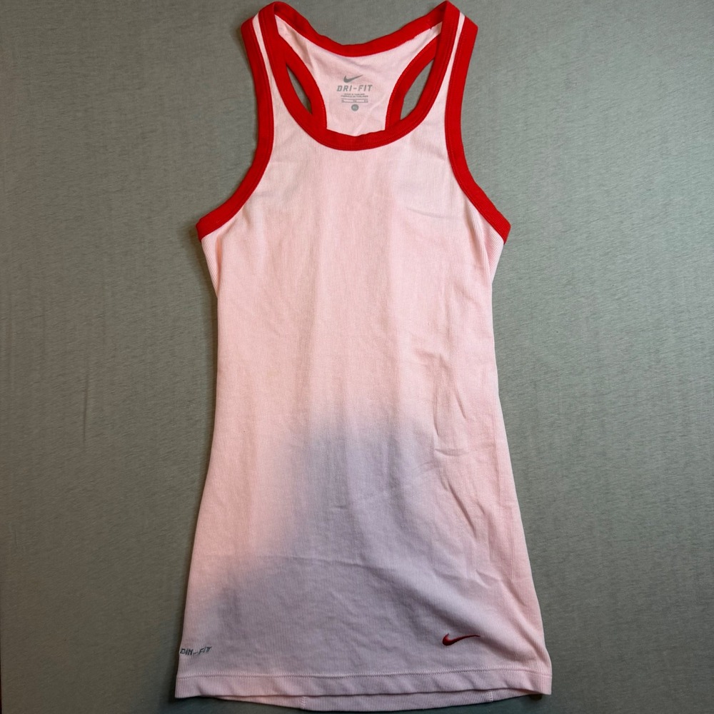 Nike‎ Dri-FIT Racerback Tank Top XL Pink Red Ringer Ribbed Athletic Swoosh Logo